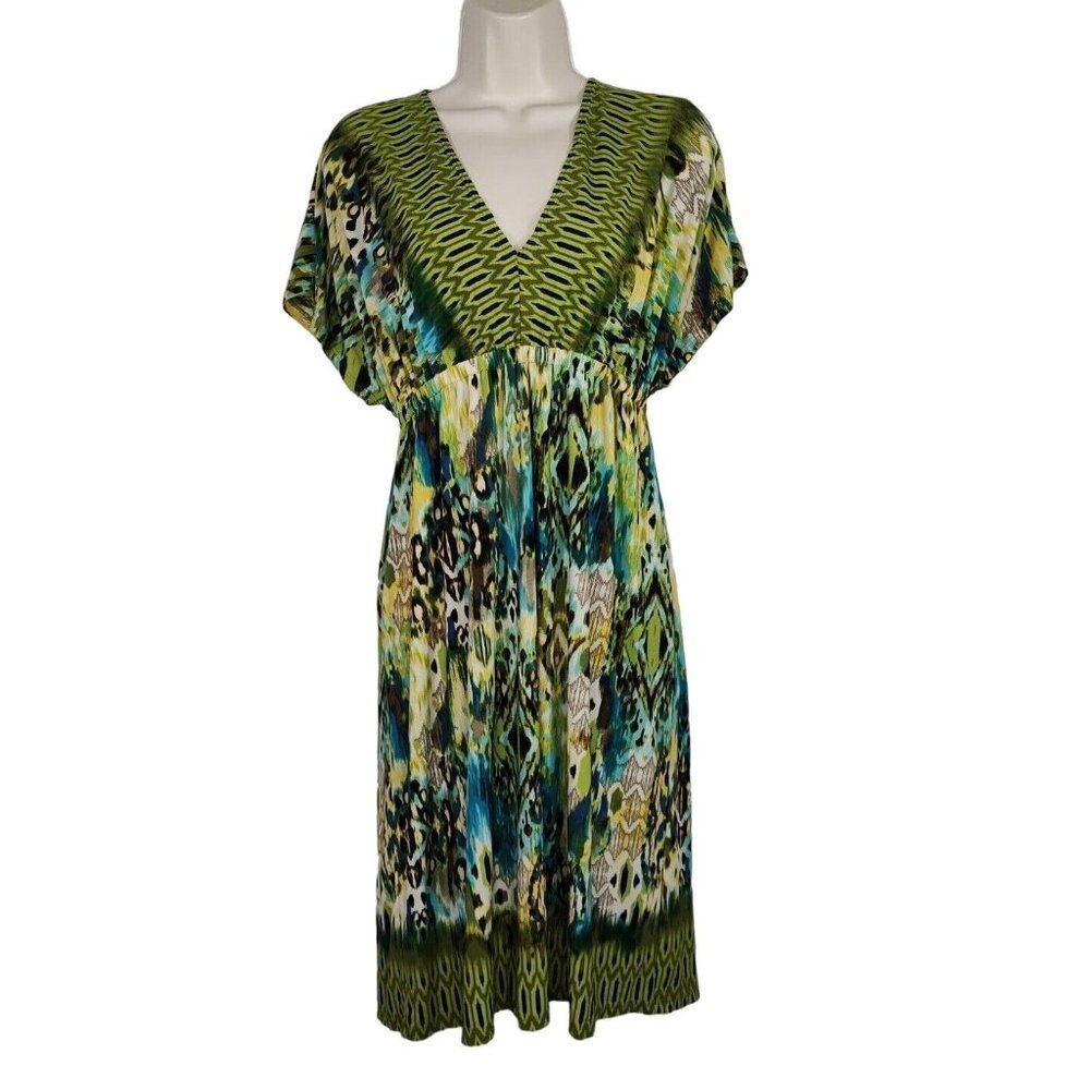 Delusional Plunge V-neck Dress Women Size M Green Blue Yellow Short Sleeve